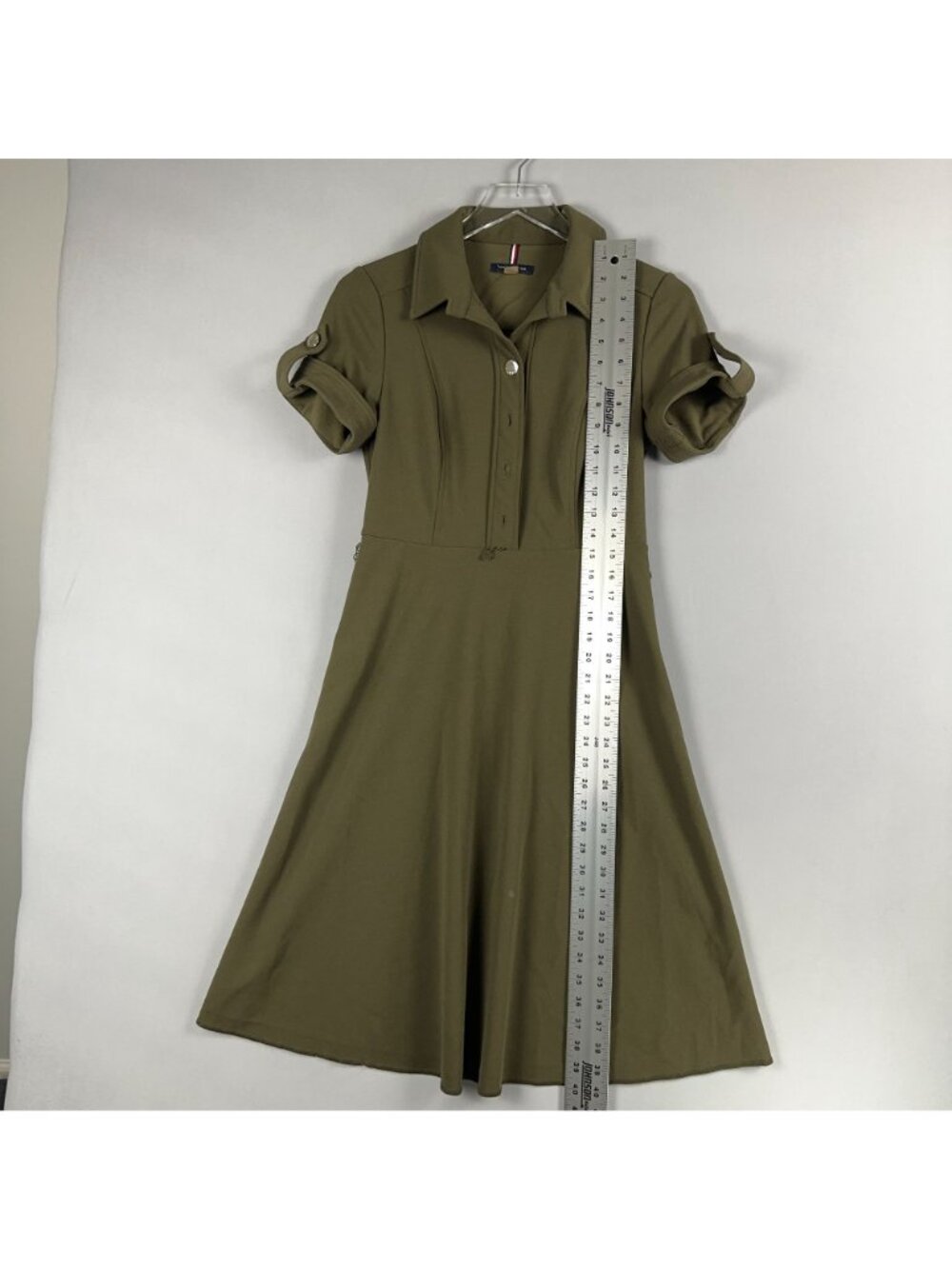 Tommy Hilfiger Shirt Dress Size 4 Olive Green Button Front Fit Flare Rolled Slee - Picture 7 of 10